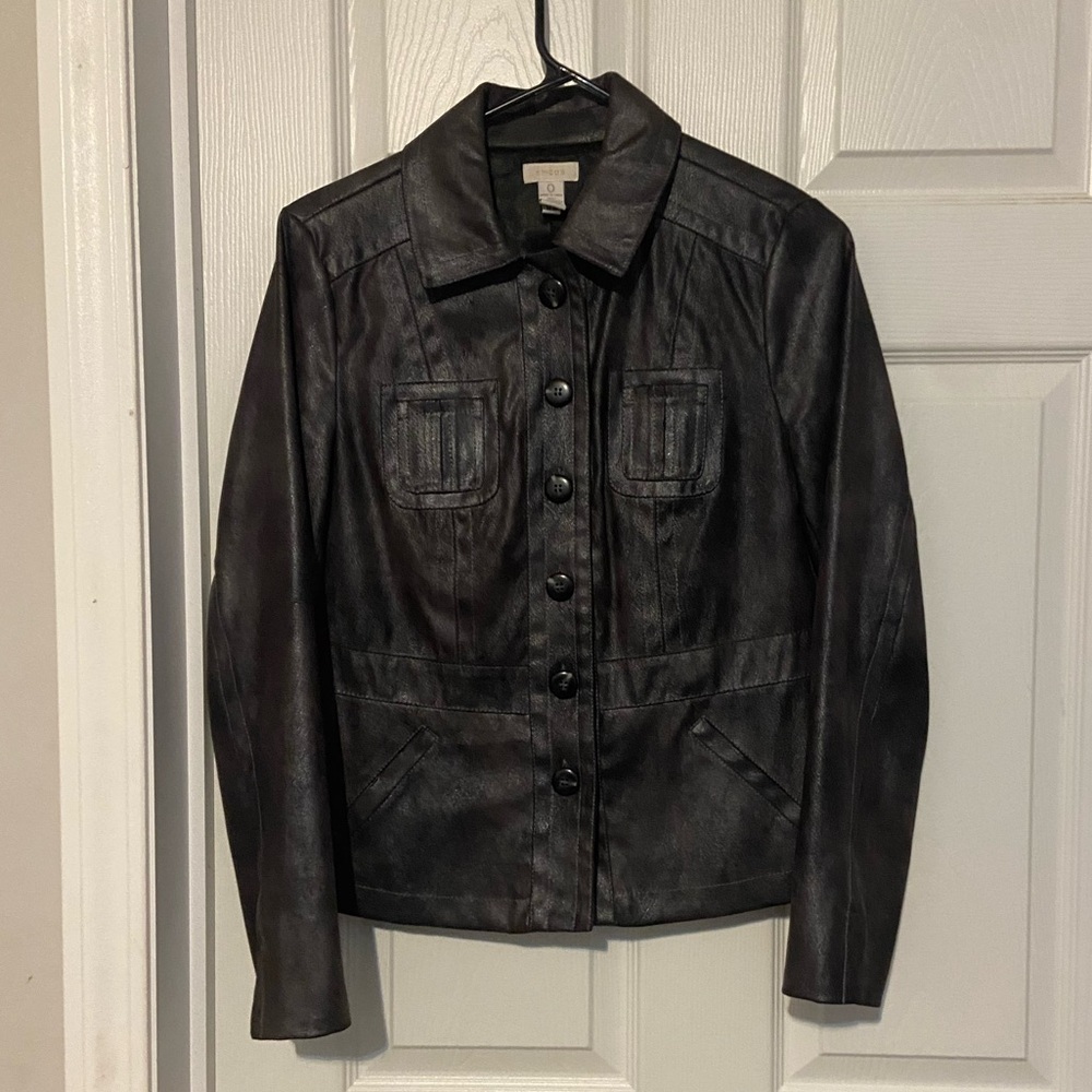 Chico's Button Front Jacket Pewter Pockets Size 0 4/6 Small Shimmering GUC